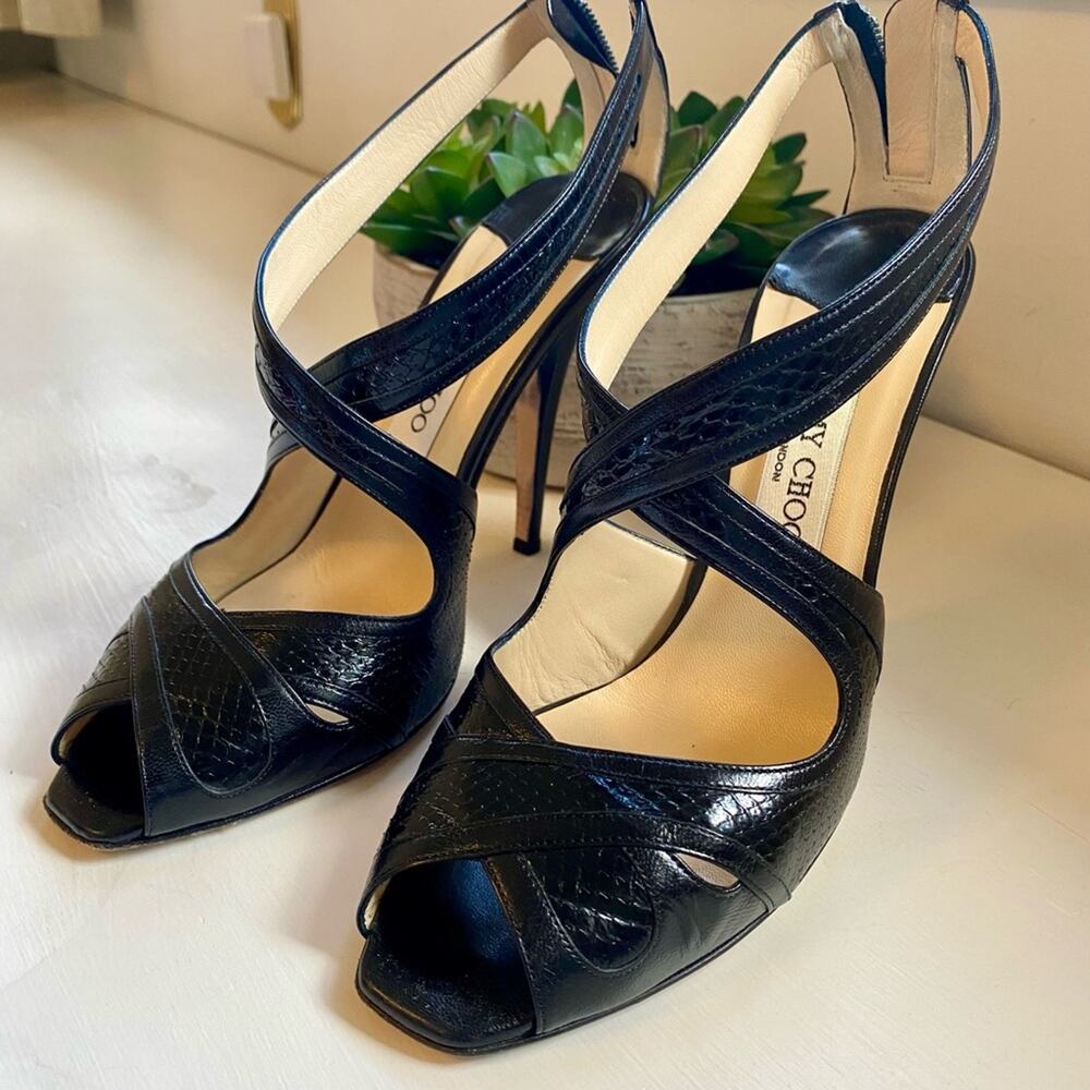 Jimmy Choo Black Watersnake & Kid Leather Disco Sandals Size 37.5 - Picture 7 of 8